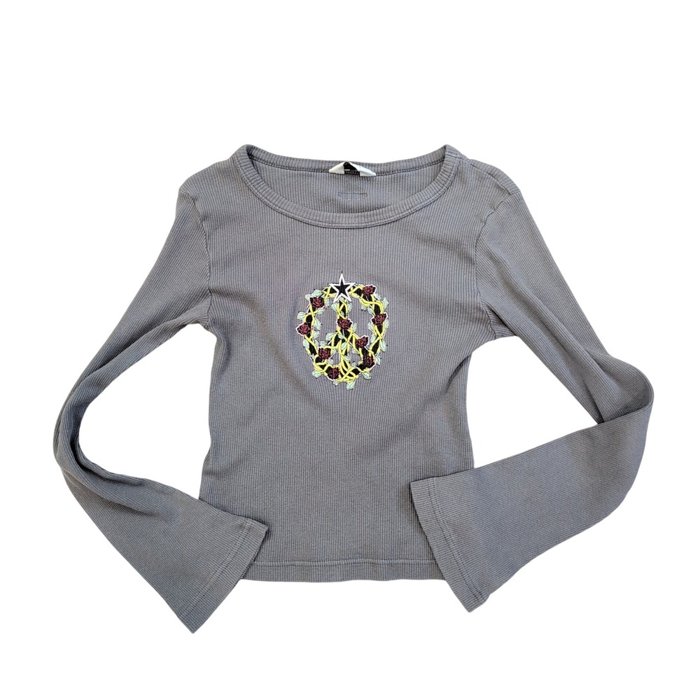 Hard Tail Forever Grey Ribbed Peace Hippie Baby Tee Shirt Small Y2K Boho Crop